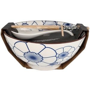 SH Home Blue Lotus Ceramic Ramen Noodle Bowl 54oz With Chopsticks And Spoon 4pc